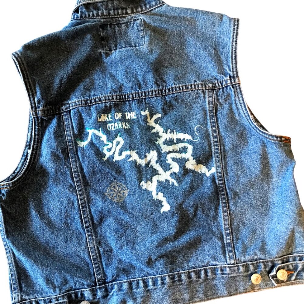 Lake of the Ozarks Upcycled Denim Vest, Painted Sleeveless Jacket Junior Size M